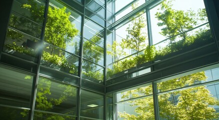 Modern Building with Green Trees and Plants Inside Windows