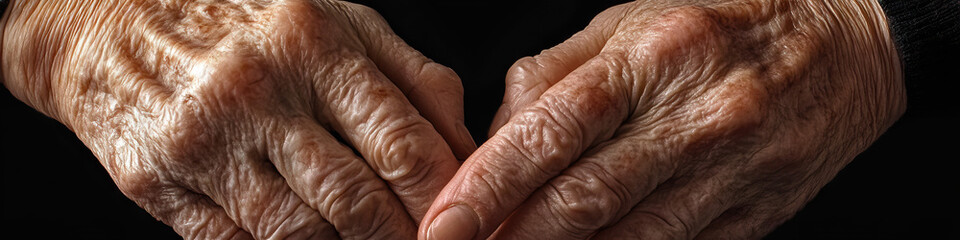 Fototapeta premium Portrait of two wrinkled hands clasped together, revealing age spots and liver spots.