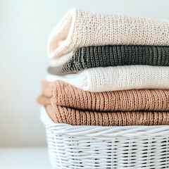 Close-Up of Cozy Knit Sweaters in a Wicker Basket for Fall and Winter Warmth