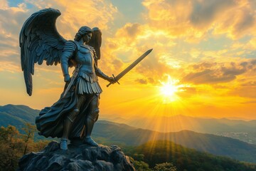 A figure of Archangel Michael standing tall on a mountain peak, holding a sword of light and wearing armor that shines with divine radiance. 