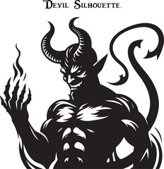 Black and white horned devil head silhouette. A dark, menacing shadow of a devil, evoking fear with glowing eyes and sharp, ominous features.