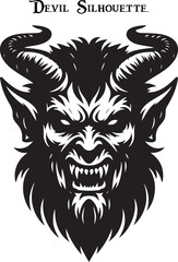 Black and white horned devil head silhouette. A dark, menacing shadow of a devil, evoking fear with glowing eyes and sharp, ominous features.
