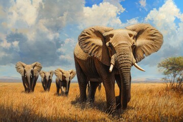 Fototapeta premium A Family of Elephants Walking Through Savanna Grass