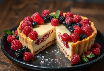 Delicious Raspberry Cheesecake Tart with Fresh Berries and Mint on Black Plate