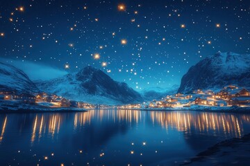 Naklejka premium A celestial scene of stars scattered across the night sky, forming intricate constellations that tell stories of faith and divine purpose. 