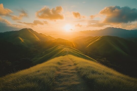 A breathtaking vista of rolling hills with a majestic sunrise in the background, symbolizing the eternal promise of a new day and the hope found in Christ