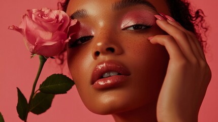 close-up of model with pink eyeshadow and pink lips holding a long pink rose to her face, AI Generative