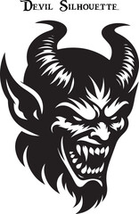 Black and white horned devil head silhouette. A dark, menacing shadow of a devil, evoking fear with glowing eyes and sharp, ominous features.