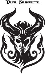 Black and white horned devil head silhouette. A dark, menacing shadow of a devil, evoking fear with glowing eyes and sharp, ominous features.