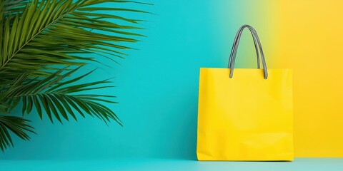 A vibrant yellow shopping bag against a turquoise and yellow background with greenery.