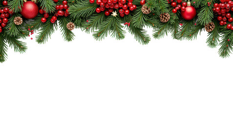 A festive arrangement of evergreen branches, red berries, and pine cones at the top of the image  arranged symmetrically and complemented