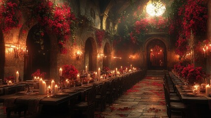 A grand dining hall adorned with roses and candlelight.