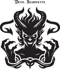 Black and white horned devil head silhouette. A dark, menacing shadow of a devil, evoking fear with glowing eyes and sharp, ominous features.