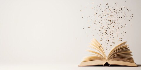 An open book releasing magical particles into the air, symbolizing knowledge and imagination.