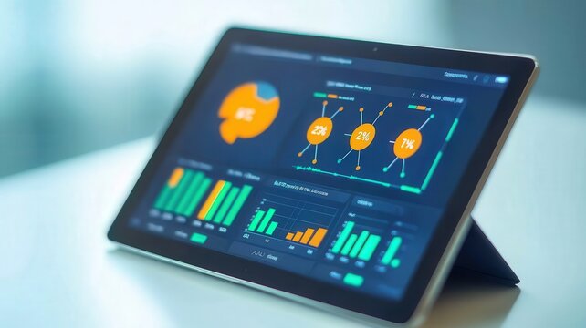 Data analytics concept. A digital tablet displaying vibrant graphs and charts, showcasing data analysis and statistics for insightful decision-making.