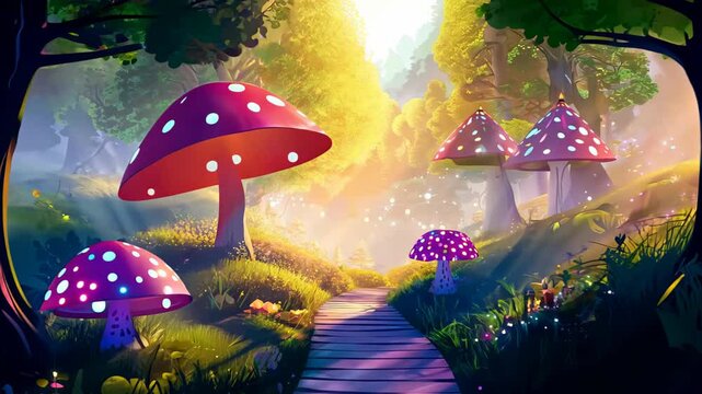 fantasy landscape with mushrooms, Enchanted forest with oversized red mushrooms, dappled sunlight, and a mystical, magical atmosphere