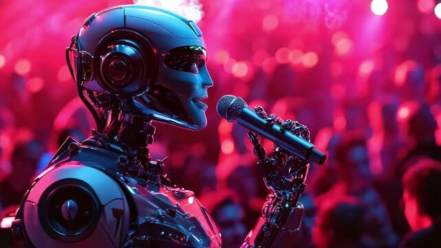 A futuristic robot with a microphone performs, sings on stage in front of a large audience. Concert. Festival.