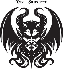Black and white horned devil head silhouette. A dark, menacing shadow of a devil, evoking fear with glowing eyes and sharp, ominous features.