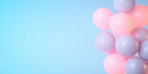 Colorful balloons in soft pastel shades against a light blue background.