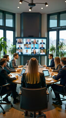 A diverse group of business professionals in a modern conference room participating in a video meeting. Great for themes related to remote work, collaboration, and corporate communication, copy space