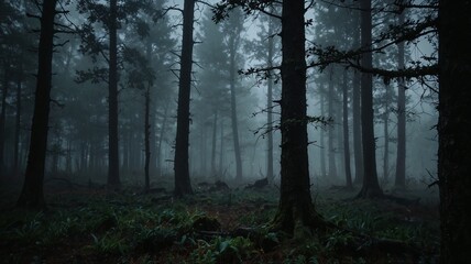 Fototapeta premium Misty forest landscape during early morning hours with towering trees and dense fog enveloping the ground