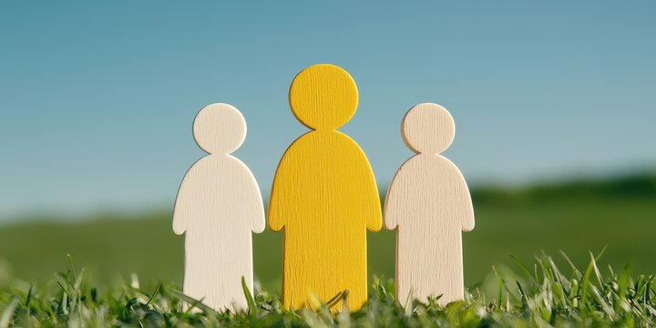 Diverse figures representing unity and inclusion in a green landscape.