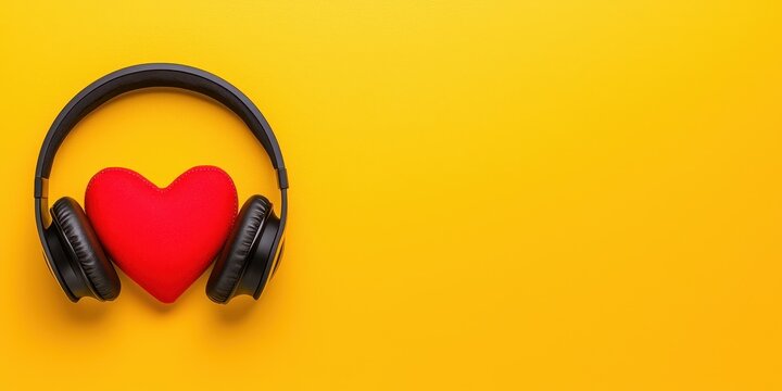 Headphones and heart on a vibrant yellow background representing love for music.