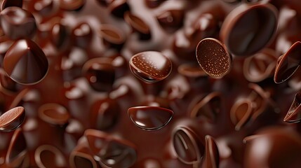 Fototapeta premium Isolated 3D chocolate drops falling from above with a glossy texture.