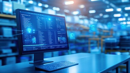 A modern computer display shows data analytics in a warehouse setting, highlighting technology and inventory management.