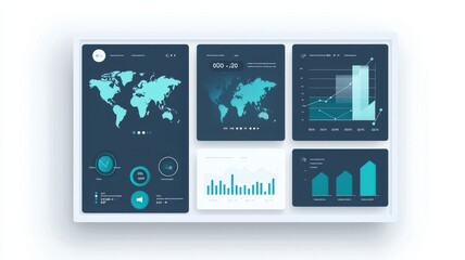Data analytics concept. A sleek, modern dashboard displaying global maps and various data visualizations, emphasizing analytics and statistics in a dark theme.