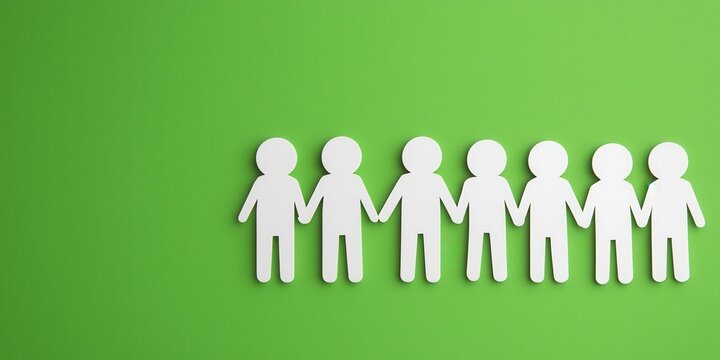 Paper cutouts of people holding hands on a green background symbolizing unity and friendship.