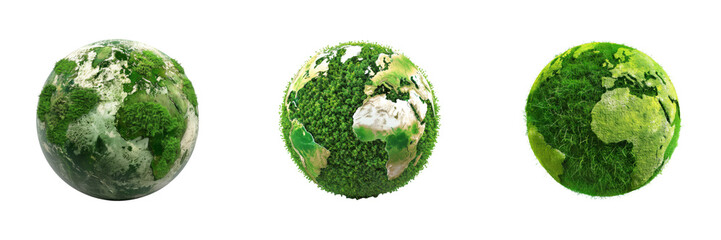 Set of Earth Globe Made of Greenery Symbolizing Sustainability on Isolated Background