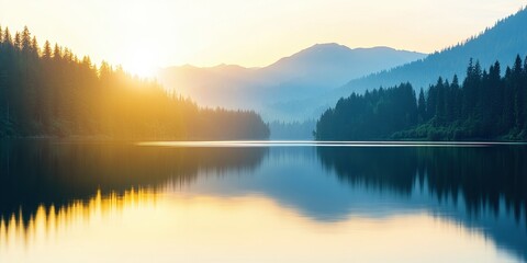 Fototapeta premium Serene lake reflecting mountains and sunrise, creating a peaceful natural scene.