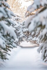 snow covered evergreen forest with trees dusted in snow peaceful, winter nature, serene landscape