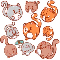 Cute illustrated cartoon cats expressing various emotions in playful poses, showcasing their playful nature and charm