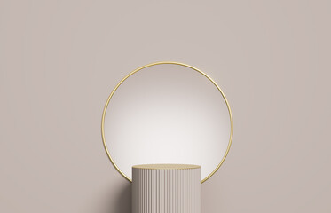 3D display podium. Pastel beige background with pedestal nude color stand with gold. Beauty, cosmetic product mockup. Minimal 3d render. Bright studio advertisement step.	
