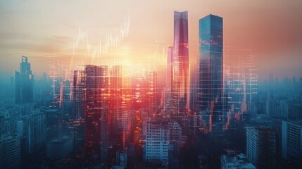 Fototapeta premium Cityscape with Financial Data Overlay