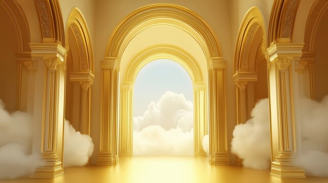 Golden archway leading to the sky with clouds