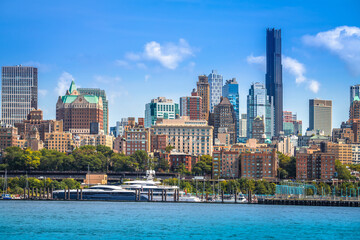 Brooklyn Heights yacht harbor and coastline in New York city view from East river