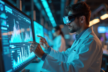 Fototapeta premium A scientist in a futuristic laboratory, wearing high tech glasses, analyzes data using high tech equipment and digital screens, reviewing visualizations and performing complex experiments.
