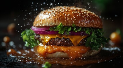 Delicious fresh cheeseburger on black background