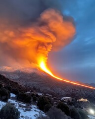 Fototapeta premium Majestic Eruption of the Volcano as Lava Flows Down the Slopes at Dusk