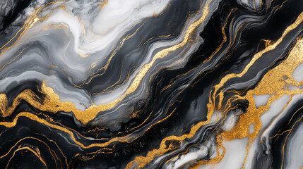 High-contrast black and gold marble texture, dramatic veining, glossy finish, luxury material concept