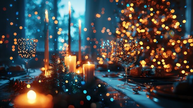 A digital holiday dinner party with holographic food and glowing holiday decor in a futuristic dining room Friends and family gather to celebrate the end of the year together in a unique setting 