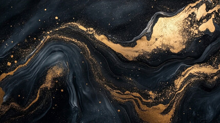 High-contrast black and gold marble texture, dramatic veining, glossy finish, luxury material concept