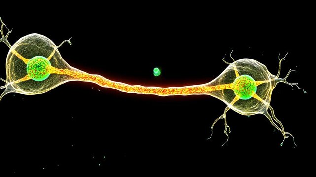 A close-up view of a neuron, a nerve cell, with a bright orange axon connecting two cell bodies