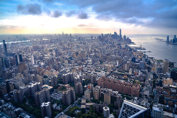 Fototapeta premium New York City skyline aerial panoramic sunset view