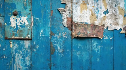 A weathered blue wooden door with peeling paint and remnants of old posters.