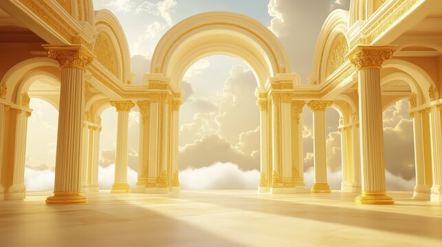 Golden archway leading to the sky with clouds