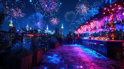 A futuristic rooftop New Year's Eve party with neon decor and holographic drinks overlooking a glowing cityscape Guests celebrate the year’s end under a sky filled with vibrant fireworks A stylish 